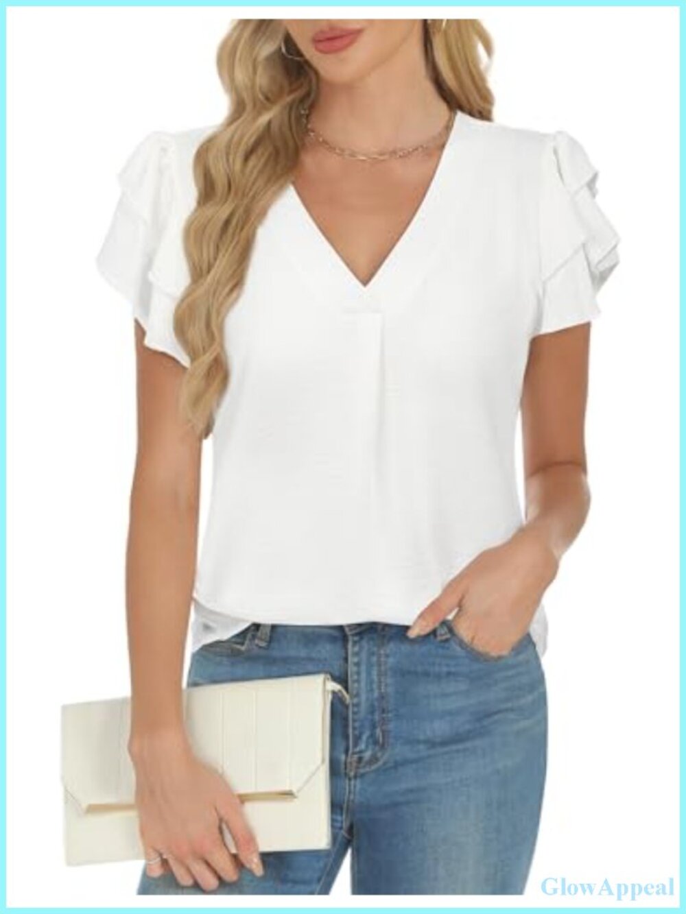 Women's V Neck Ruffle Sleeve Blouse, Flowy Business Casual Short Sleeve Top